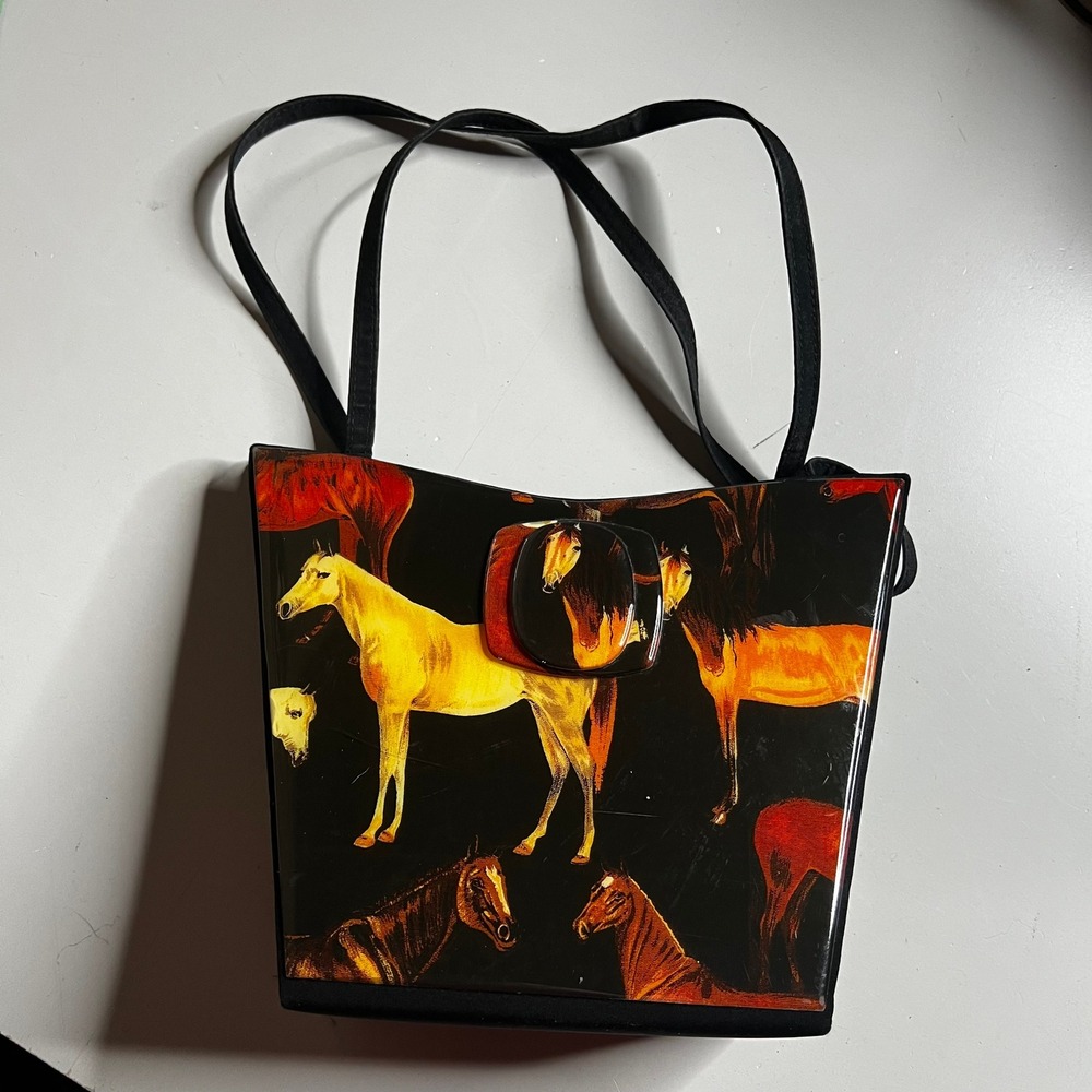 Angela Frascone Vintage Horse Print Resin Handbag Black Equestrian Shoulder Bag